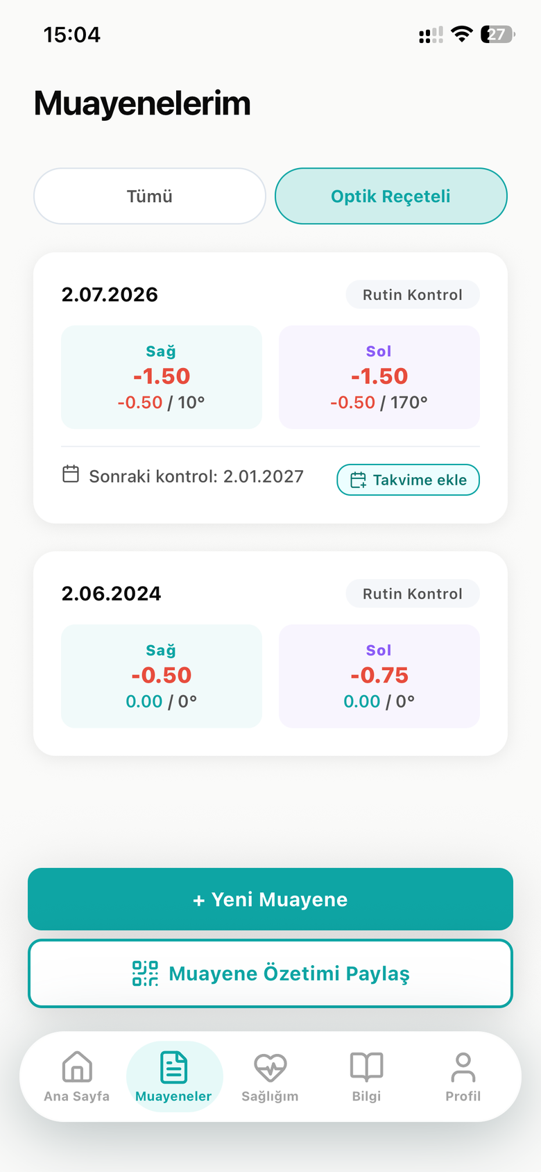 Muayenelerim — Optik Reçeteli filtresi