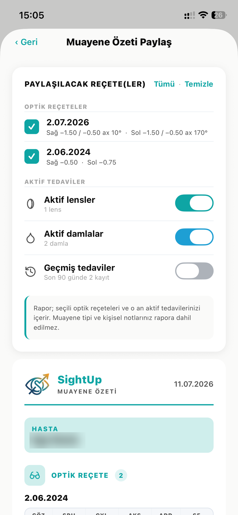 Muayene Özeti Paylaş — bölüm seçimleri