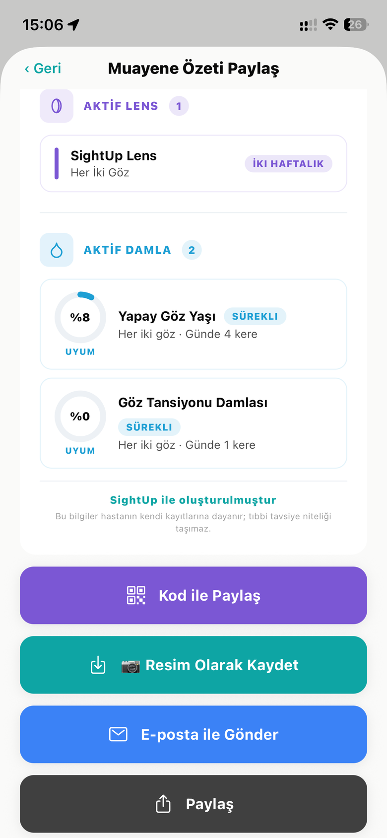 Muayene Özeti — aktif tedaviler ve paylaşım seçenekleri