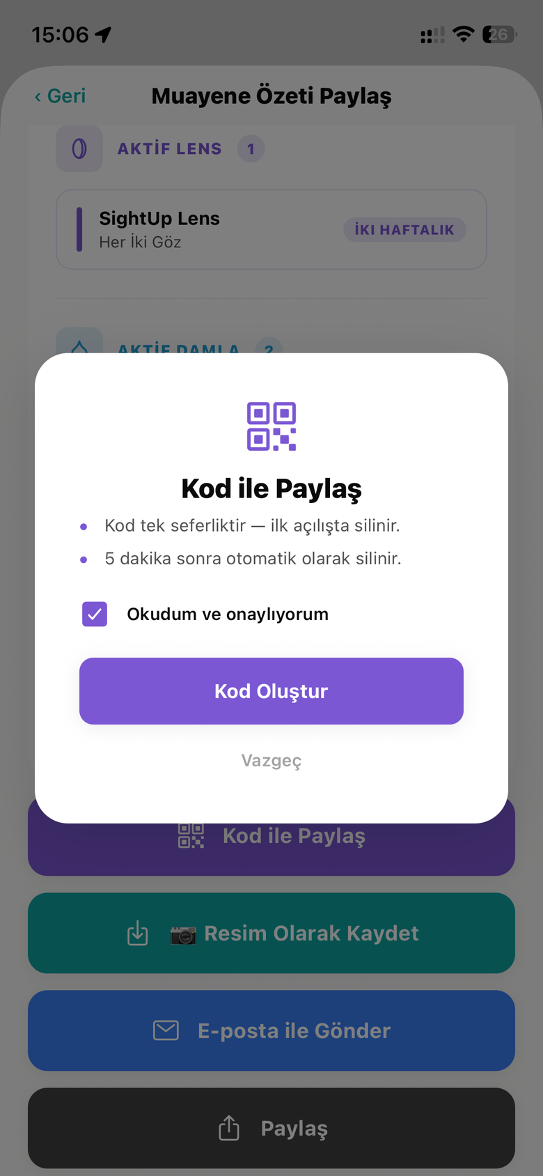 Kod ile Paylaş onay ekranı