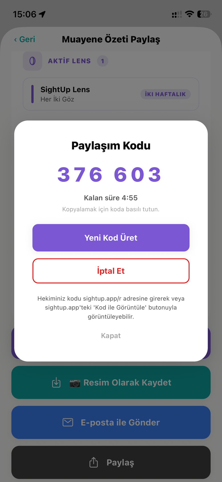 6 haneli paylaşım kodu ekranı