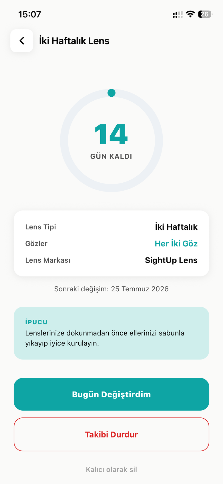 Kontakt lens detay ekranı — kalan gün