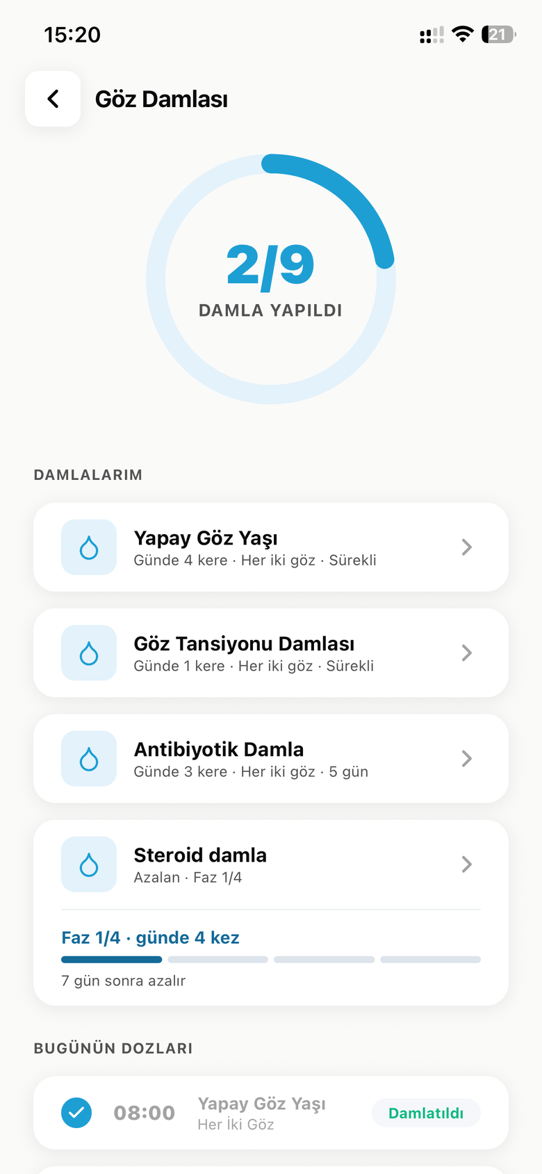Göz Damlası ana ekranı — damlalarım ve günlük ilerleme