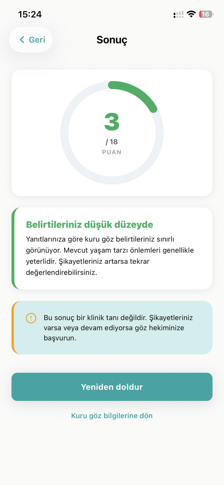 Kuru Göz testi sonuç ekranı