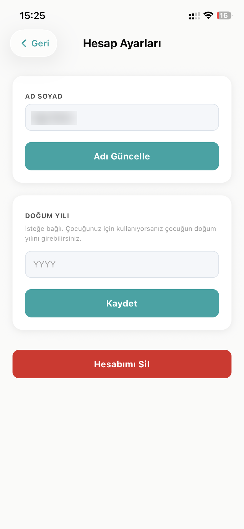Hesap Ayarları ekranı