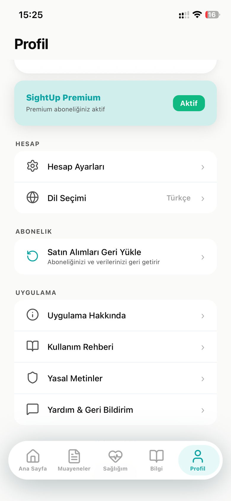 Profil — uygulama menüsü
