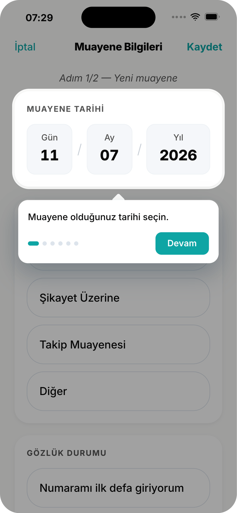 Muayene Bilgileri formu — uygulama içi tur eşliğinde