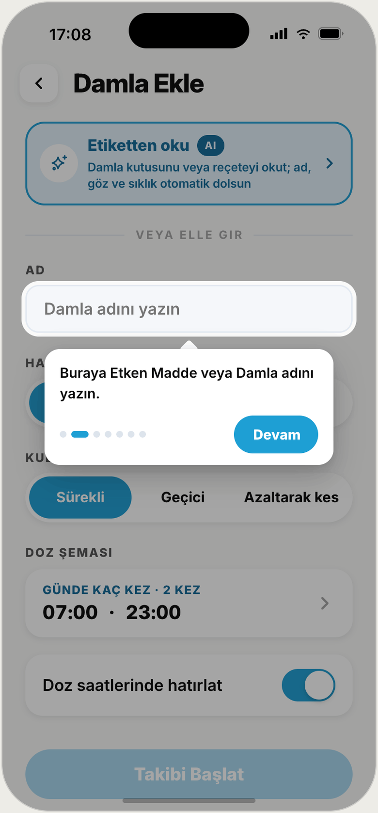 Damla Ekle formu — uygulama içi tur eşliğinde