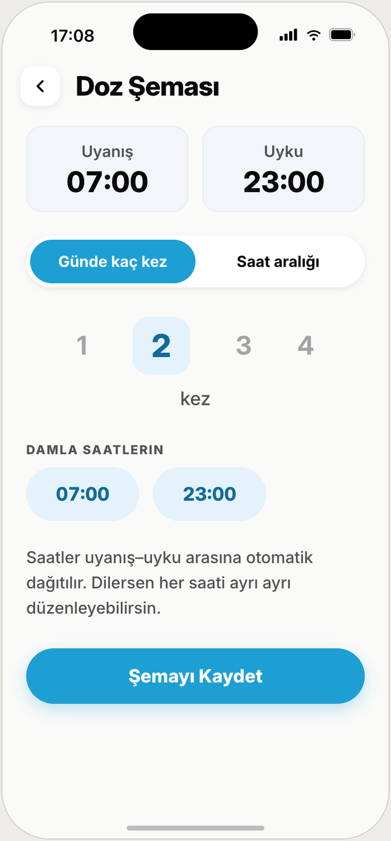 Doz Şeması ekranı — günde kaç kez ve damla saatleri