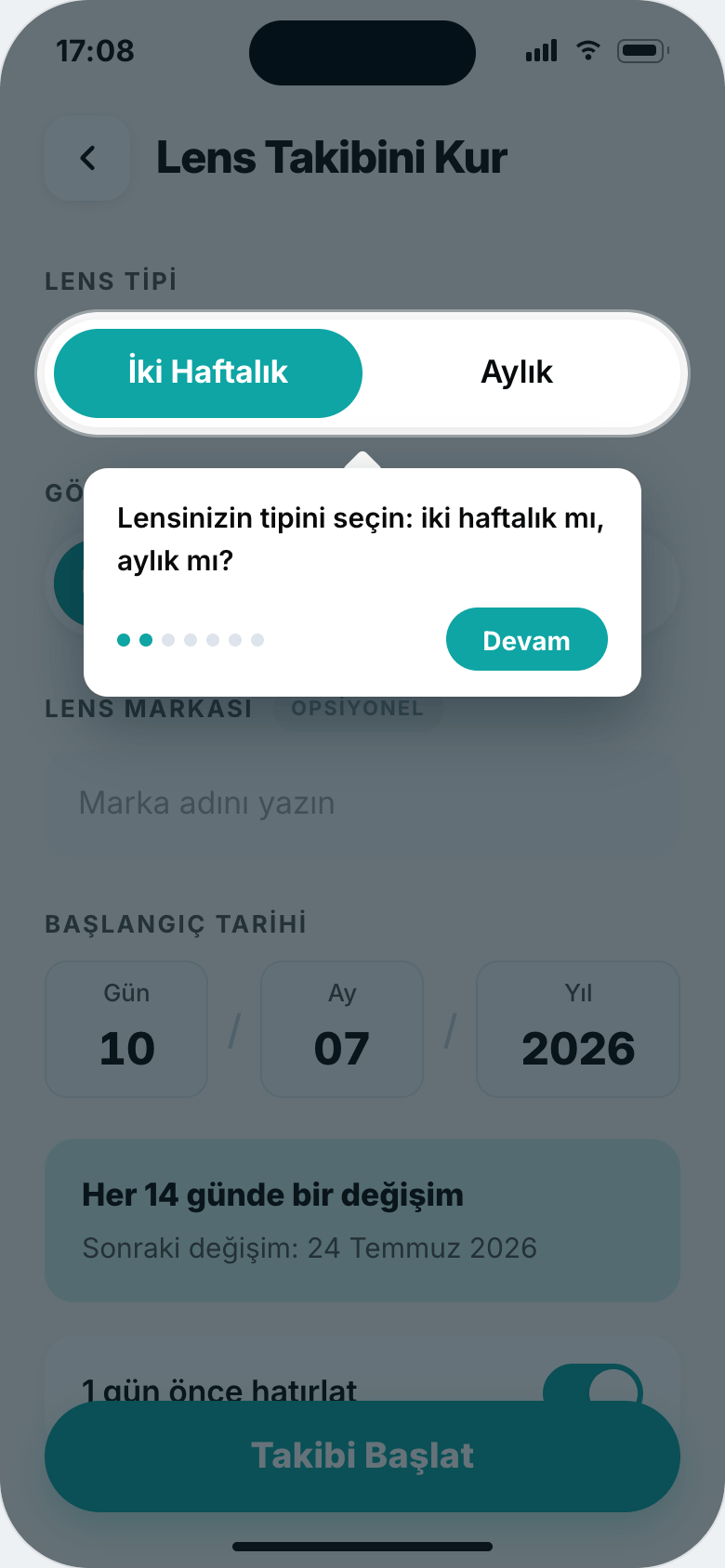 Lens Takibini Kur ekranı — uygulama içi tur eşliğinde