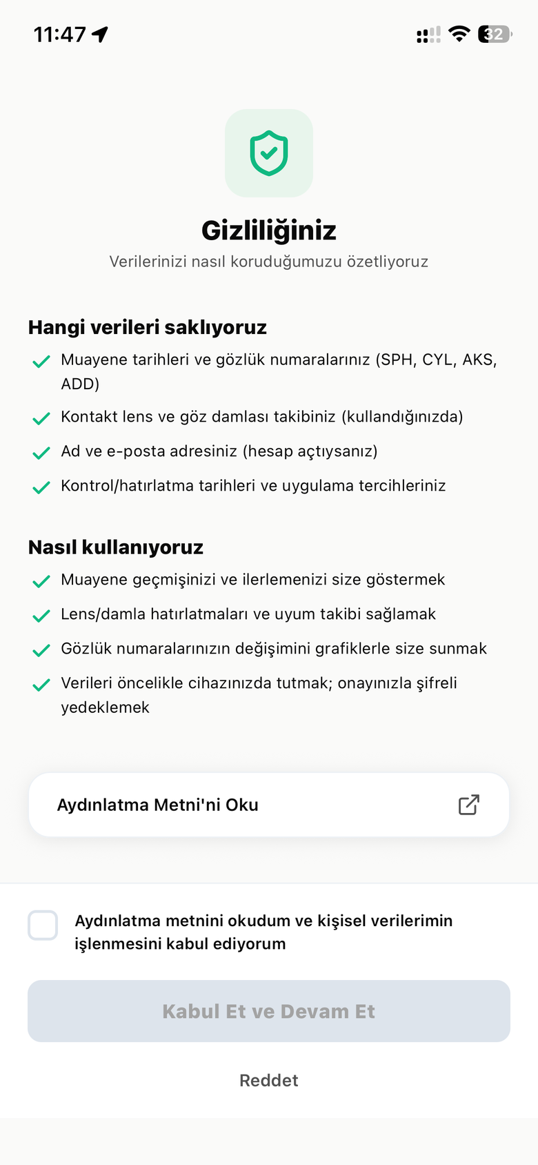 Gizlilik ve KVKK onay ekranı